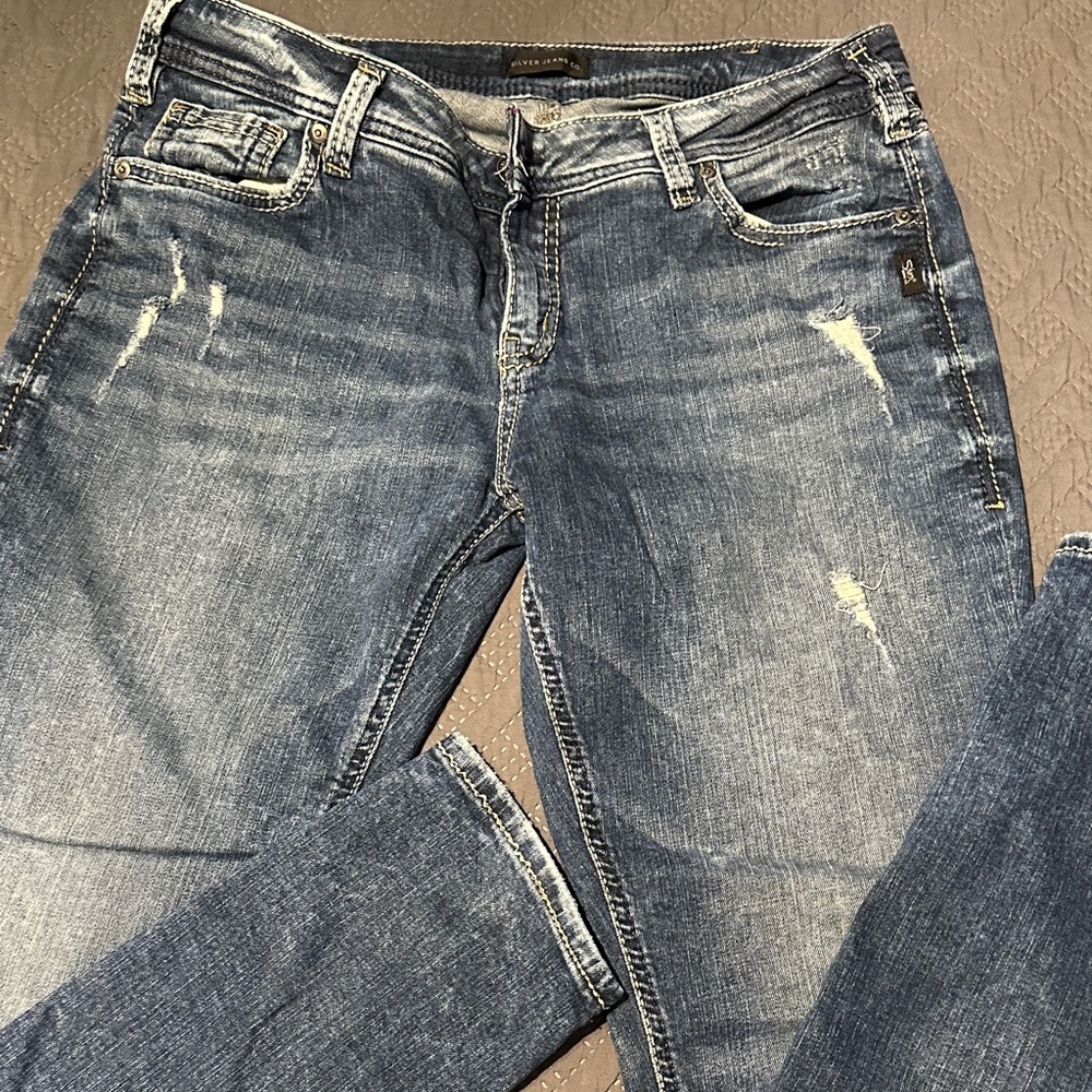 Silver Jeans Distressed Blue Straight Leg Jeans